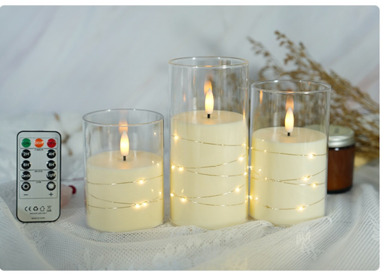 Designer’s Shop CS-7305 Flameless LED candle with String Star Lights and Remote Control Timer. 3 pc packed, color : Clear